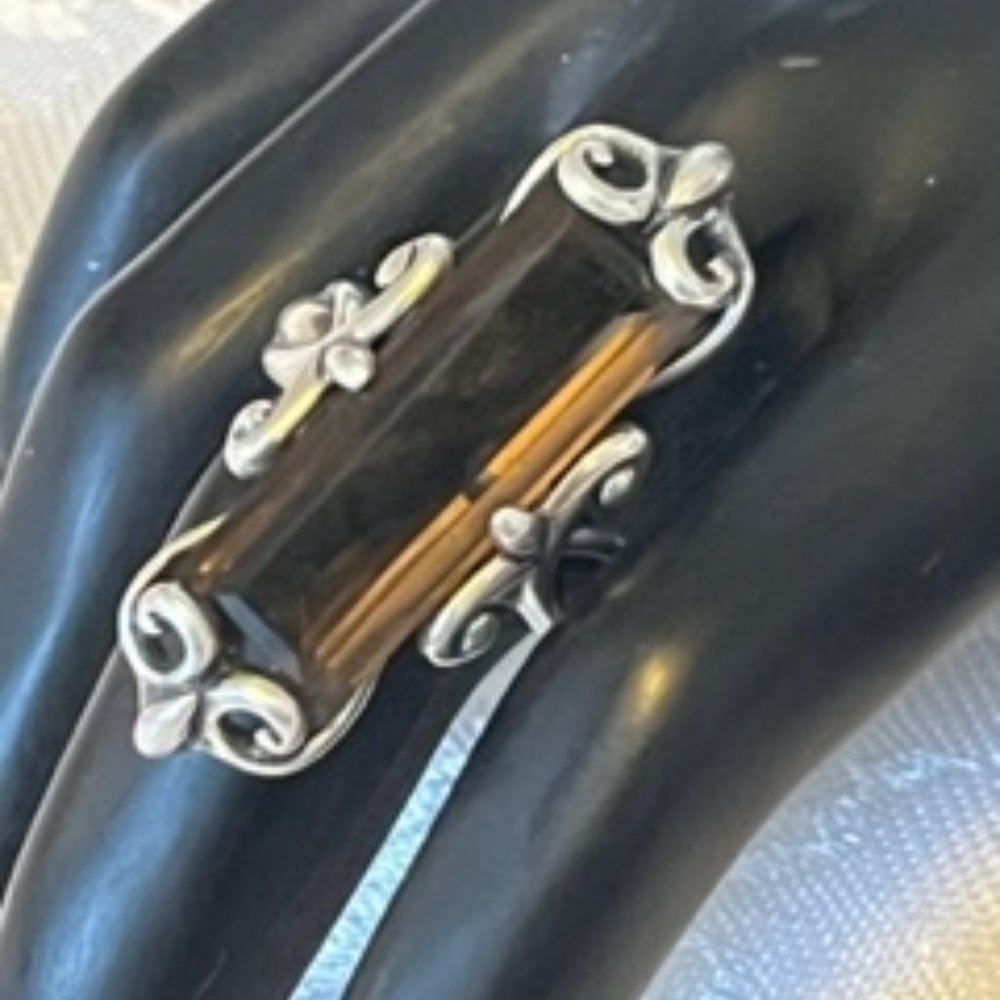Sterling Silver Smoked Topaz Ring Oblong Stone Set in Unique  Contemporary Frame